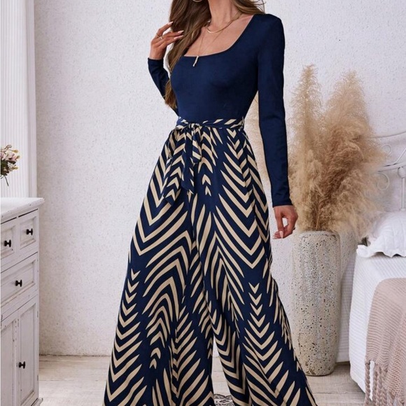 Handmade Pants - Elegant Chevron Wide Leg Jumpsuit